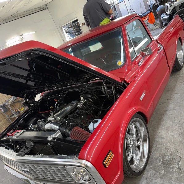 Fully restored Chevy pickup truck classic with internal components repainted to match factory finish